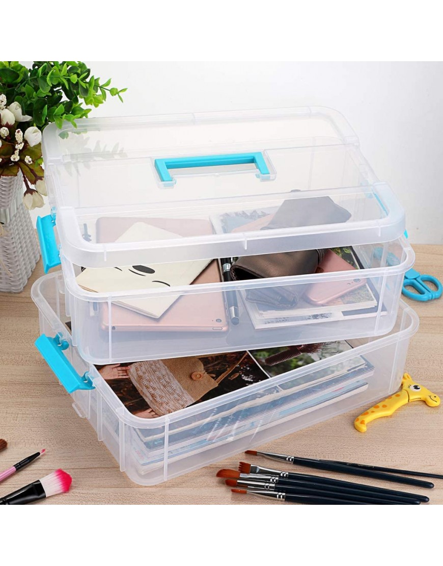 JuxYes 2-Tiers Stack Carry Storage Box With Handle Transparent Stackable Storage Bin With Handle Lid Latching Storage Container for School & Office Supplies Blue