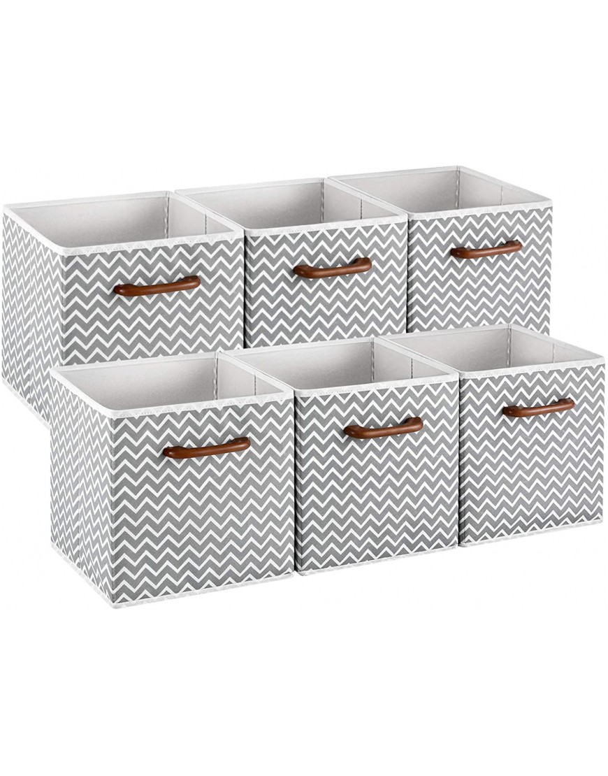 MaidMAX Cloth Storage Bins Cubes Baskets Containers with Wooden Handle for Home Closet Bedroom Drawers Organizers Foldable Gray Chevron Set of 6