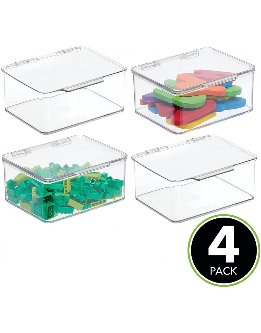 mDesign Durable Plastic Storage Bin Stackable Organizer Tote w Secure Lid Container for Toy Organizing and Storing; Art Puzzle Crayon Pen Pencil Marker Supply Organization 4 Pack Clear