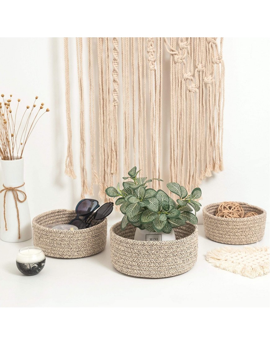 MINTWOOD Design Set of 3 Cotton Rope Nesting Bowls Small Catch All Basket Cute Closet Baskets and Bins for Shelves Mini Table Basket Organizer for Small Accessories Light Brown