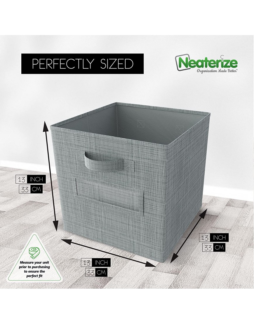 NEATERIZE 13x13x13 Large Storage Cubes Set of 6 Storage Bins |Features Dual Fabric Handles | Cube Storage Bins | Foldable Closet Organizers and Storage | Fabric Storage Box for Home Office Grey