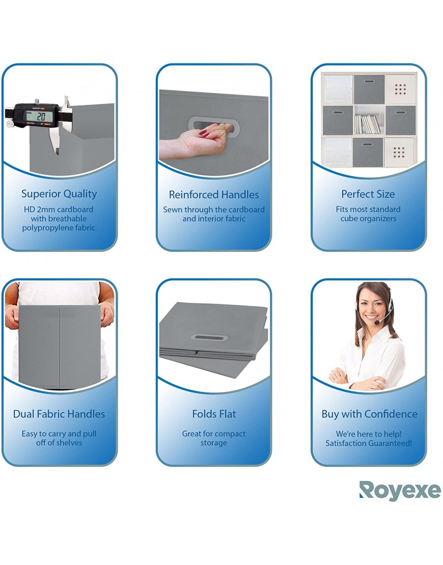 Royexe Storage Bins Set of 8 Storage Cubes | Foldable Fabric Cube Baskets Features Dual Plastic Handles. Cube Storage Bins. Closet Shelf Organizer | Collapsible Nursery Drawer Organizers Grey