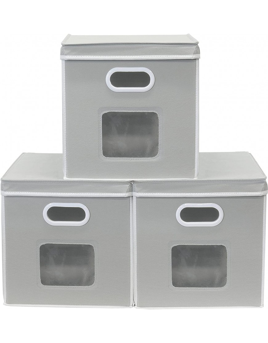 SimpleHouseware 3-Pack 12-Inch Clear Window Cube Storage Bin with Lid Grey