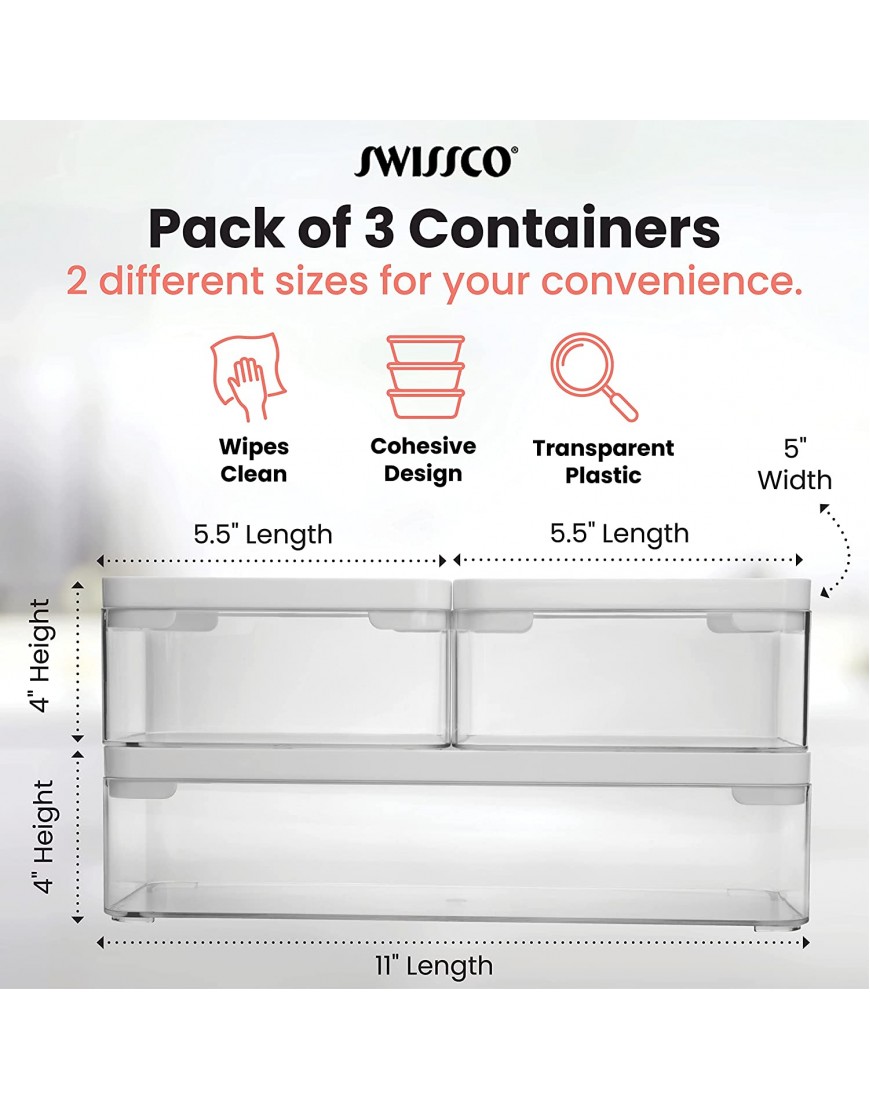 Stackable Storage Bins by Swissco | Set of 3 Storage Containers | Plastic Storage Bins with Lids Clear Organization Bins for Desk Pantry and Closet | White
