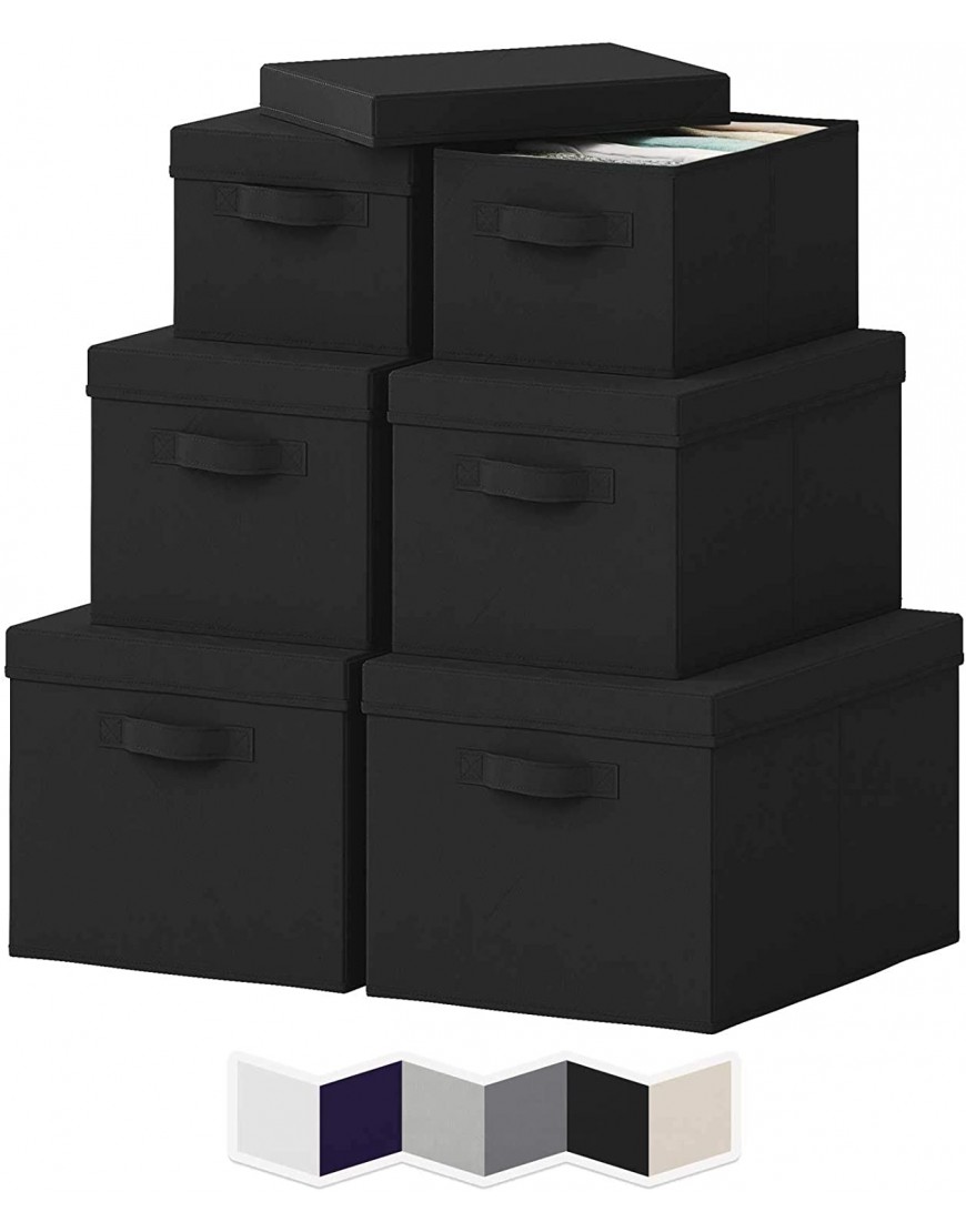 Storage Bins with Lids. Set of 6 Heavy Duty Stackable MDF Covered With Fabric Storage Boxes with 2 Handle Use for Organizing Closet Garage Clothes Toys Blankets Linen Black