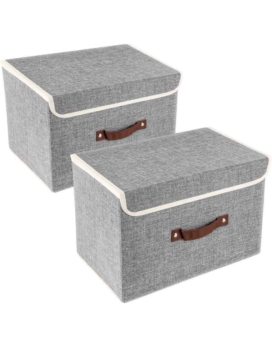 TYEERS Foldable Storage Bins 2 Pack Storage Boxes with Lids and Handles Storage Baskets in Linen Storage Organizers for Toys Shelves Clothes Papers and Books etc. Gray