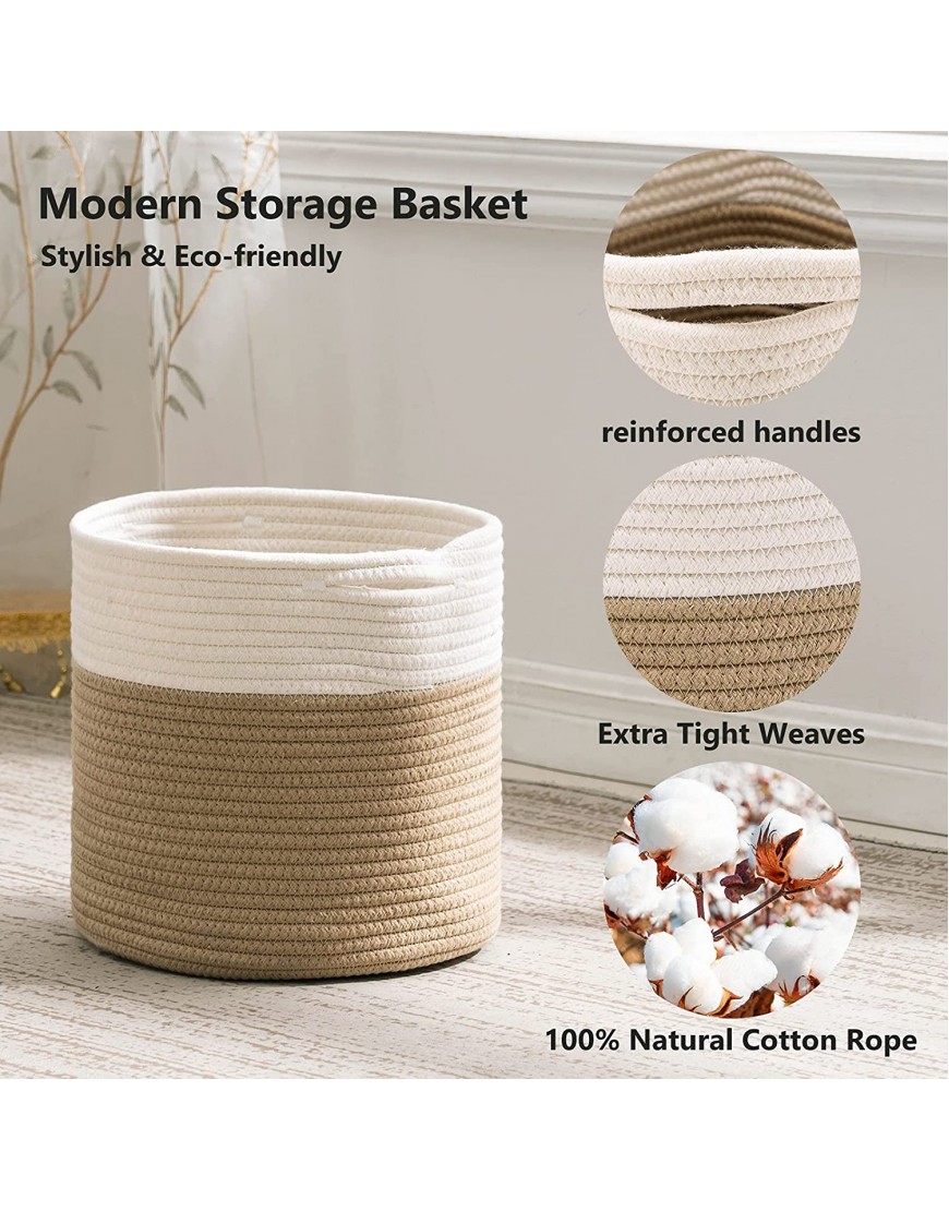 Woven Cotton Rope Farmhouse Storage Basket 3 Pack 11 Inches Round Cube Decorative Organizer Bins with Cute Handles for Dog Toy Clothes Baby Girls Boys Nursery Decor Brown