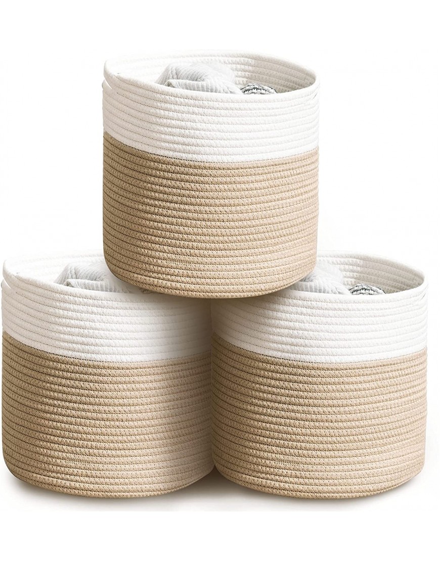 Woven Cotton Rope Farmhouse Storage Basket 3 Pack 11 Inches Round Cube Decorative Organizer Bins with Cute Handles for Dog Toy Clothes Baby Girls Boys Nursery Decor Brown