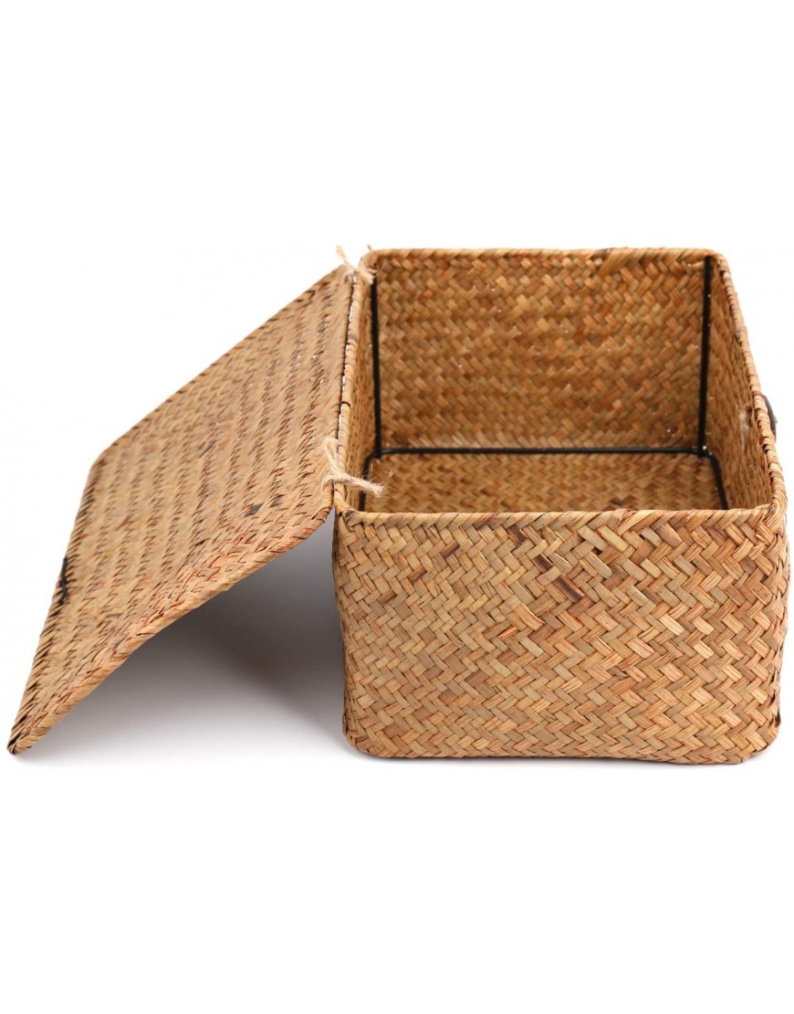 Yesland Handwoven Seagrass Rattan Storage Basket 11.5'' x 7.5'' x 5'' Brown Rectangular Makeup Organizer Container with Lid Perfect for Decoration Picnic Groceries and Toy Storage