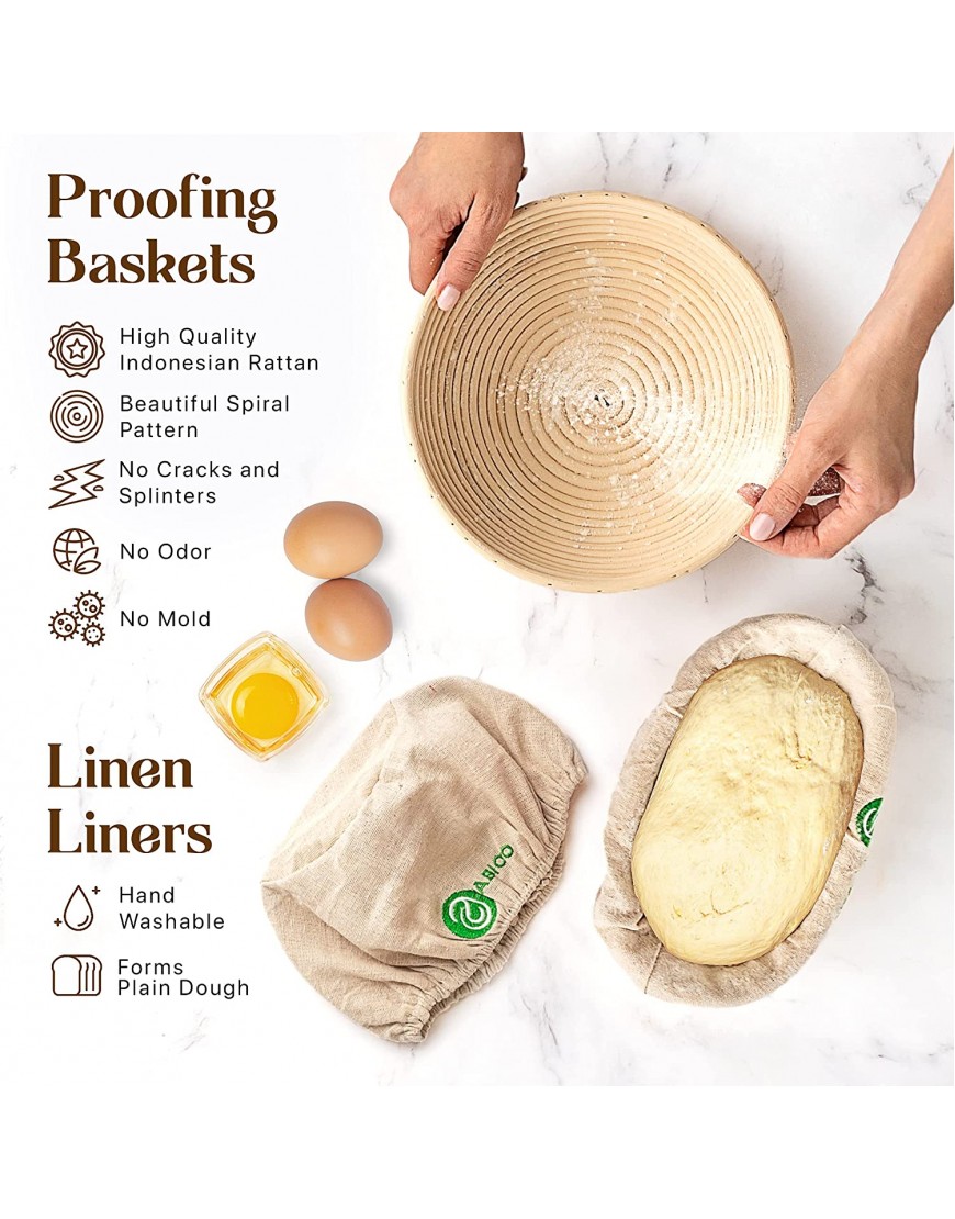 Banneton Bread Proofing Basket Set of 2 with Sourdough Bread Baking Supplies A Complete Bread Making Kit Including 9 Proofing Baskets Danish Whisk Bowl Scraper Dough Scraper & Bread Lame