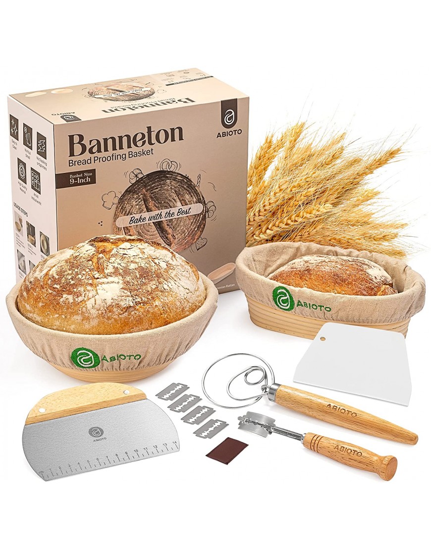 Banneton Bread Proofing Basket Set of 2 with Sourdough Bread Baking Supplies A Complete Bread Making Kit Including 9" Proofing Baskets Danish Whisk Bowl Scraper Dough Scraper & Bread Lame