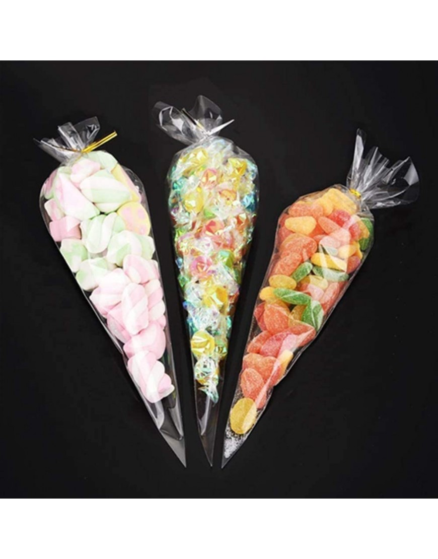 Cone Bags Clear Cello Treat Bags with Gold Twist Ties Triangle Transparent Cellophane Sweet Bag for Halloween Christmas Party Snacks Chocolates Candy Popcorn Cookies Craft Gifts 5.1 X 9.8