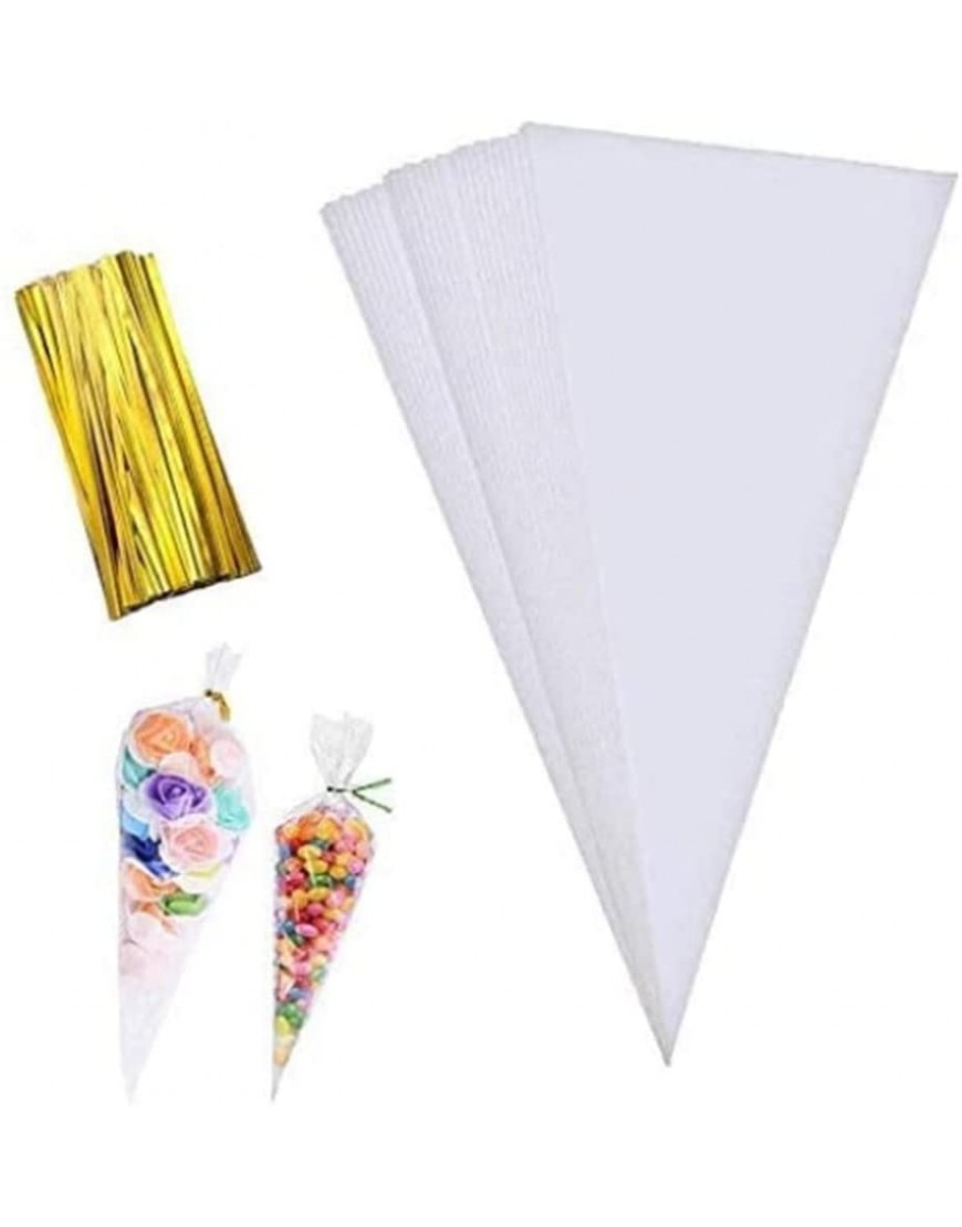 Cone Bags Clear Cello Treat Bags with Gold Twist Ties Triangle Transparent Cellophane Sweet Bag for Halloween Christmas Party Snacks Chocolates Candy Popcorn Cookies Craft Gifts 5.1 X 9.8