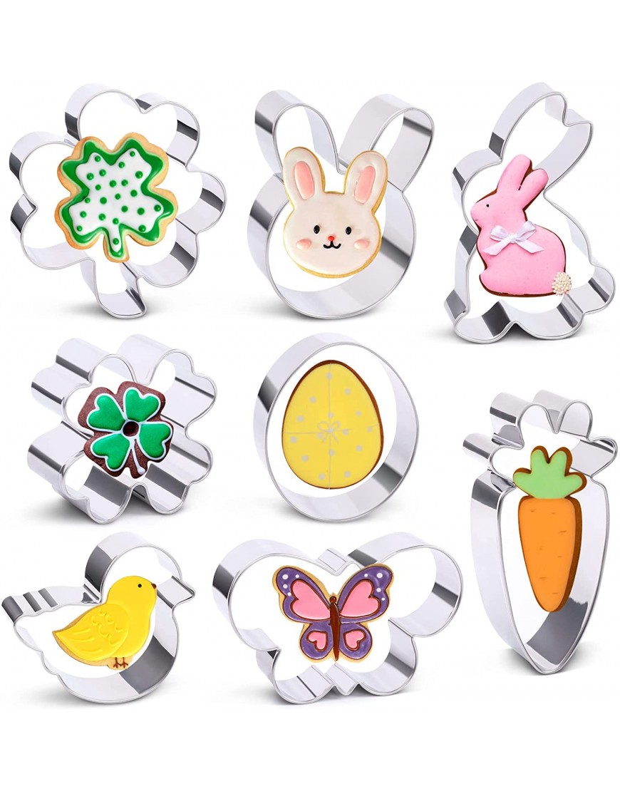 Easter Cookie Cutter 8 Pcs Easter Day Cookie Cutters Set Easter Egg Chick Bunny Rabbit Face Butterfly Carrot Shamrock Four-Leaf Clover Stainless Steel Biscuit Cutter Easter Party Supplies