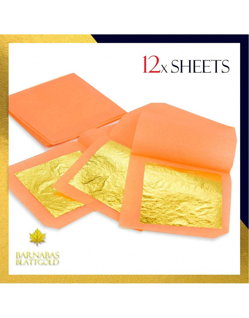 Genuine Edible Gold Leaf 12 Sheets Barnabas Gold High Quality Gold Leaf Loose Leaf for Cupcakes and Chocolate 1.5 inches per sheet Book of 12 Sheets
