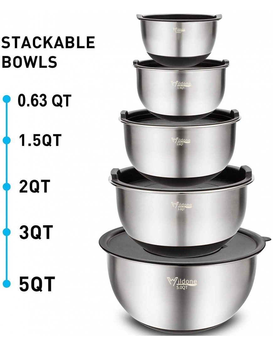 Mixing Bowls Set of 5 Wildone Stainless Steel Nesting Bowls with Airtight Lids 3 Grater Attachments Measurement Marks & Non-Slip Bottoms Size 5 3 2 1.5 0.63 QT Great for Mixing & Serving