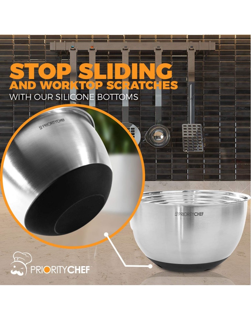 PriorityChef Premium Mixing Bowls With Lids Inner Measurement Marks and Thicker Stainless Steel 5 Pc Bowl Set Sizes 1.5 2 3 4 5 Qt