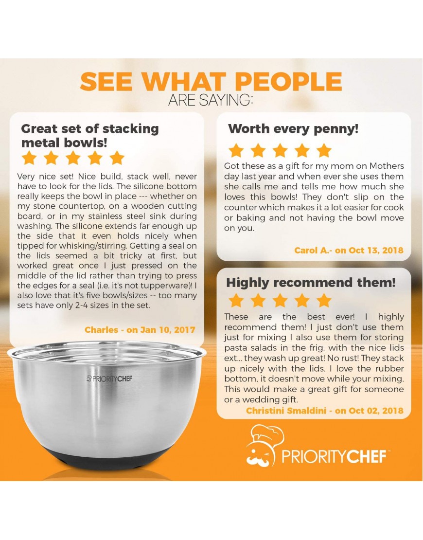 PriorityChef Premium Mixing Bowls With Lids Inner Measurement Marks and Thicker Stainless Steel 5 Pc Bowl Set Sizes 1.5 2 3 4 5 Qt