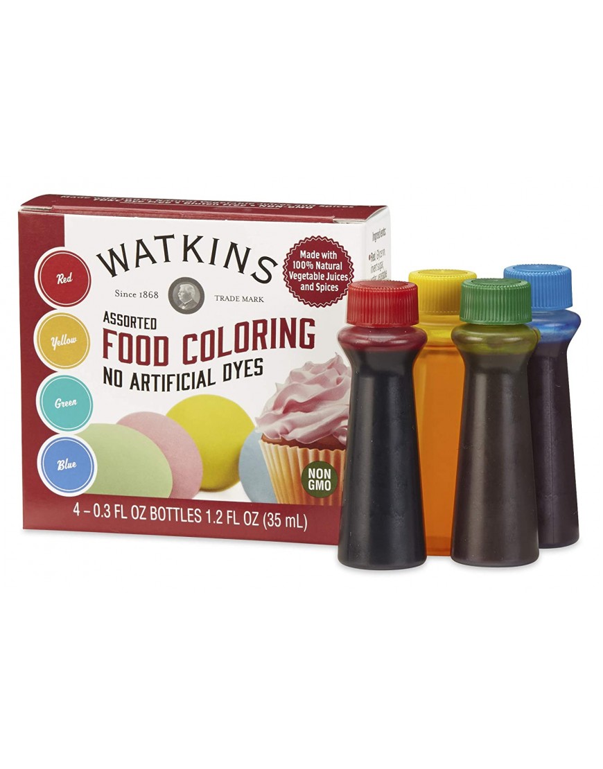 Watkins Assorted Food Coloring 1 Each Red Yellow Green Blue Total Four .3 oz bottles