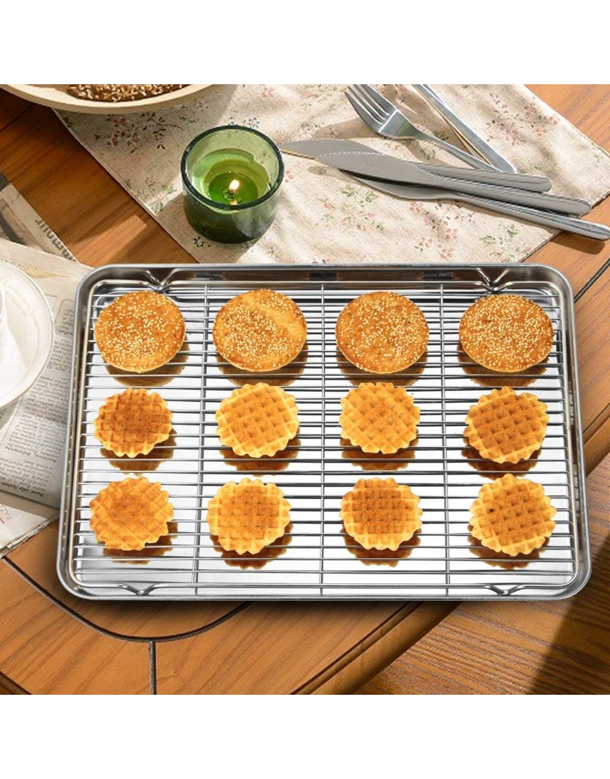 Wildone Baking Sheet & Rack Set [2 Sheets + 2 Racks] Stainless Steel Cookie Pan with Cooling Rack Size 16 x 12 x 1 Inch Non Toxic & Heavy Duty & Easy Clean