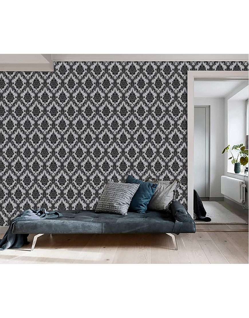 17.7×394Black Peel and Stick Wallpaper Black Vintage Wallpaper for Bedroom Damask Contact Paper Removable Wallpaper Self Adhesive Vinyl Film Decorative WallCovering