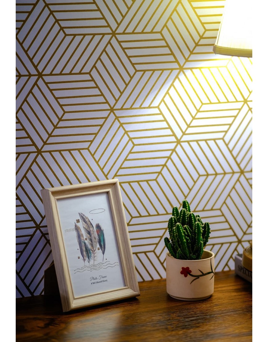 197In x17.7In White and Gold Geometry Stripped Hexagon Peel and Stick Wallpaper Gold Stripes Wallpaper White Paper Removable Self Adhesive Vinyl Film Decorative Shelf Drawer Liner Roll