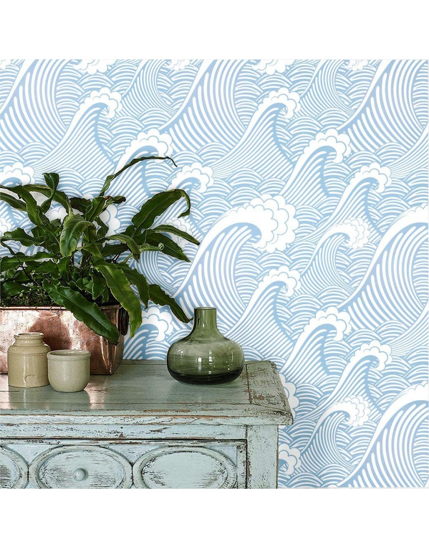 Blooming Wall CPS030 Peel&Stick Handpainting Seamless Blue White Waves Sea Sprays Self-Adhesive Prepasted Wallpaper Wall Mural 17.7“x236”