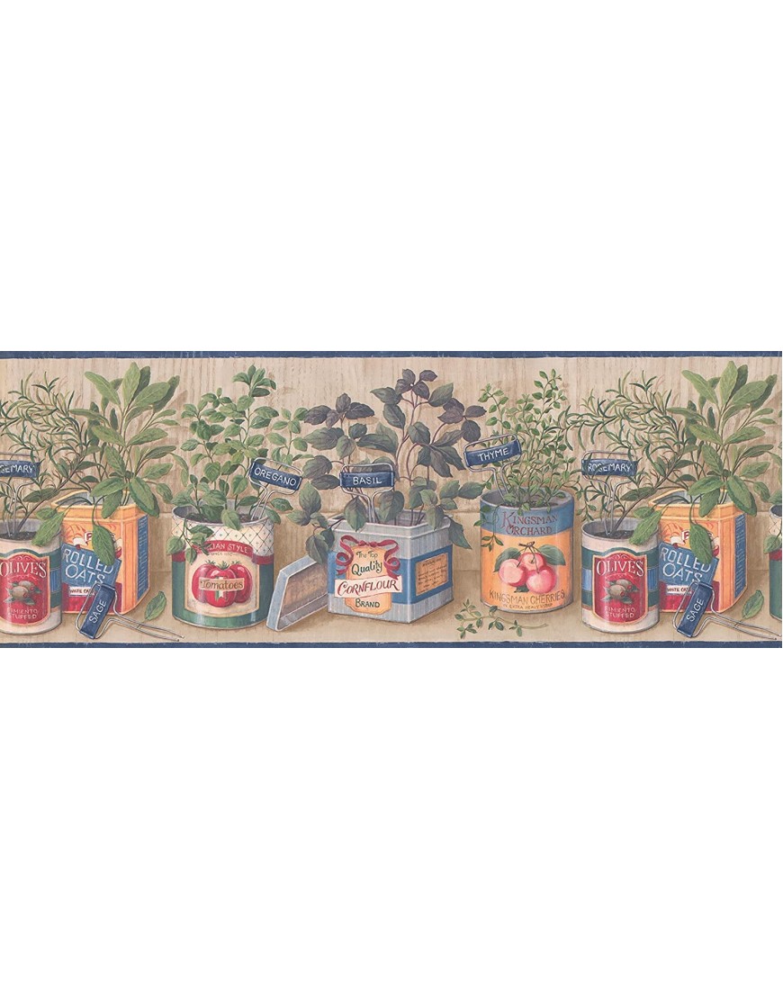 Concord Wallcoverings Wallpaper Border Kitchen Pattern Jars with Growing Spices on Wooden Shelf for Dining Area Beige Blue Red Green Brown 9.25 Inches by 15 Feet CP033141B