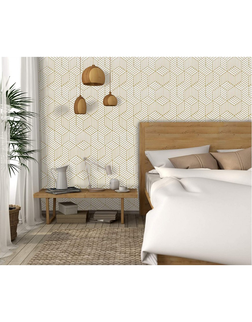 Gold and White Geometric Wallpaper Peel and Stick Wallpaper Hexagon Removable Self Adhesive Wallpaper Gold Stripes Geometric Paper Vinyl Film Decorative Shelf Drawer Liner Roll Waterproof 17.7”×118”