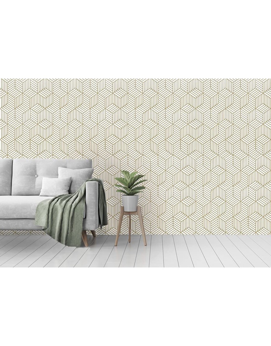 Gold and White Geometric Wallpaper Peel and Stick Wallpaper Hexagon Removable Self Adhesive Wallpaper Gold Stripes Geometric Paper Vinyl Film Decorative Shelf Drawer Liner Roll Waterproof 17.7”×118”