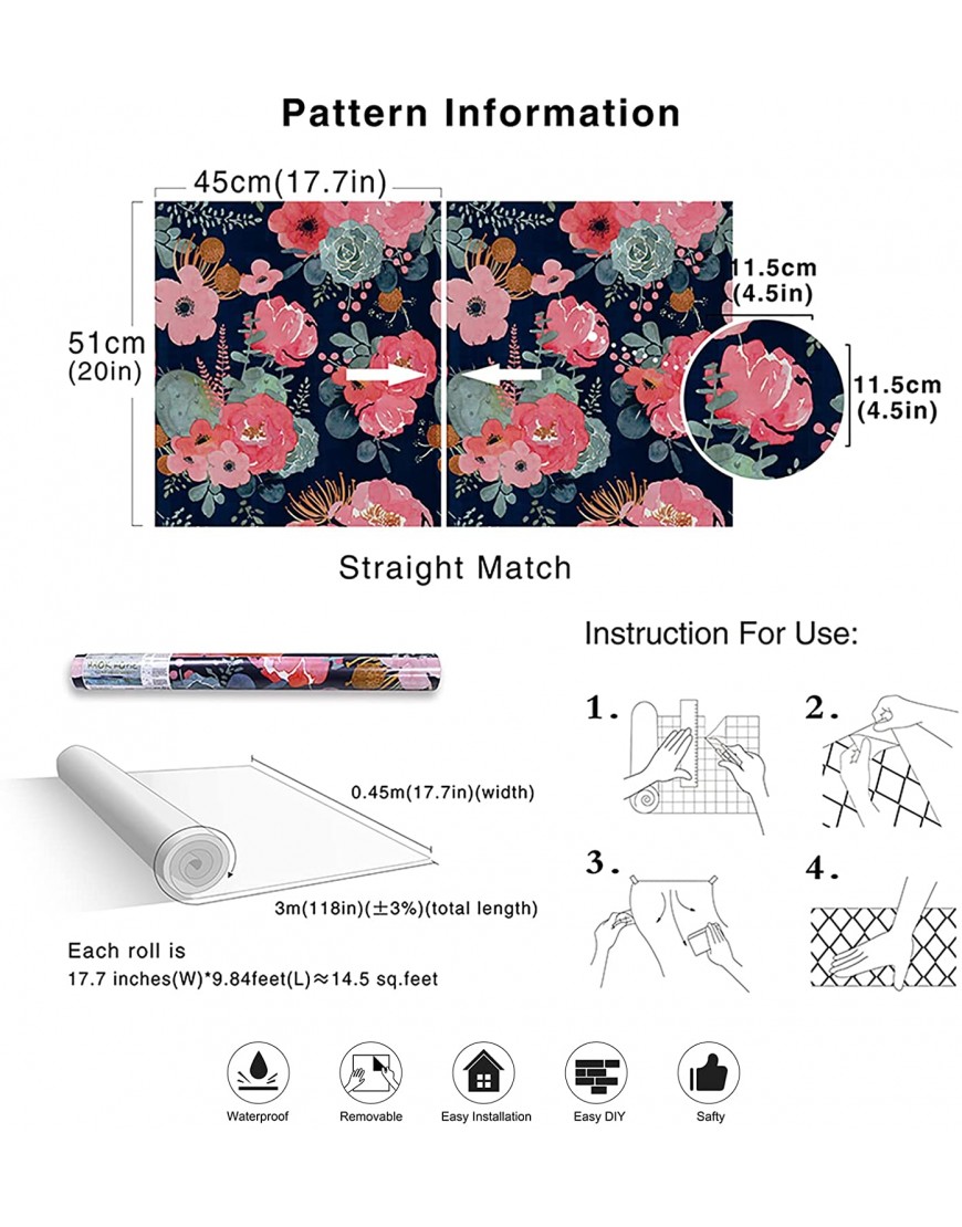 HaokHome 93005-1 Peel and Stick Modern Floral Wallpaper Pink Green Navy Orange Vinyl Self Adhesive Prepasted Decorative 17.7in x 9.8ft