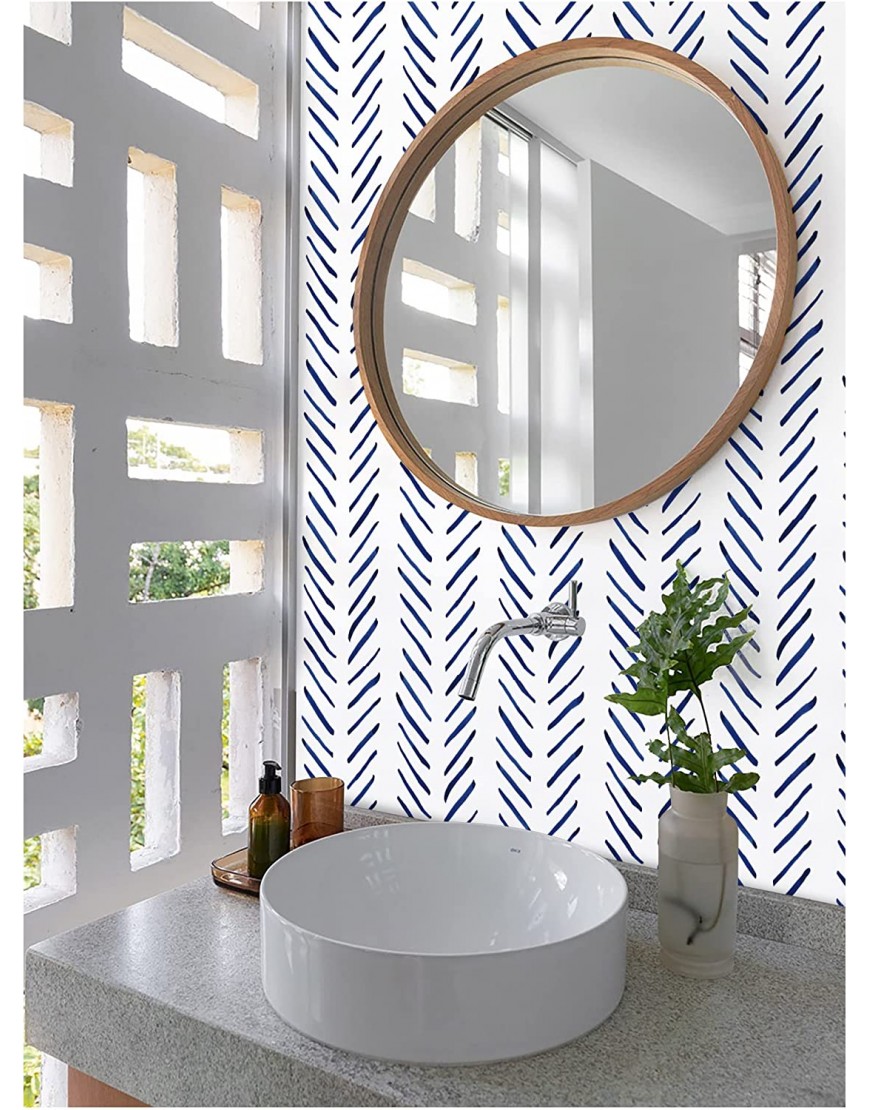 HaokHome 96101-1 Modern Brush Strokes Stripes Peel and Stick Wallpaper Removable Navy White Chevron Vinyl Self Adhesive Mural 17.7in x 9.8ft