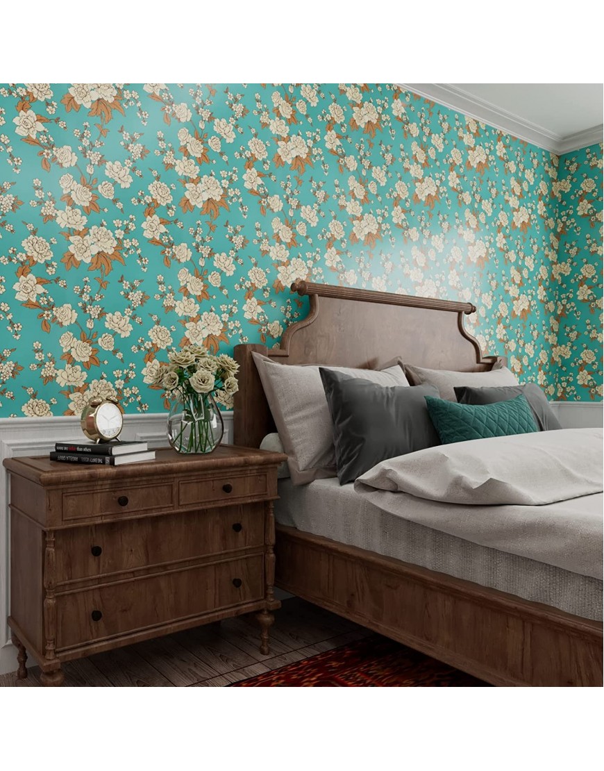 HelloWall Blue Teal Wallpaper Peel and Stick for Bedroom Vintage Beige Peony Floral Pattern Aesthetic Pastoral Wall Paper 17.71x78.7Self-Adhesive Floral Wallpaper Roll Accent Wall Mural Removable