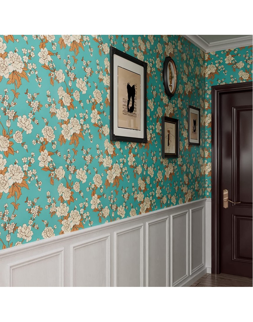HelloWall Blue Teal Wallpaper Peel and Stick for Bedroom Vintage Beige Peony Floral Pattern Aesthetic Pastoral Wall Paper 17.71x78.7Self-Adhesive Floral Wallpaper Roll Accent Wall Mural Removable