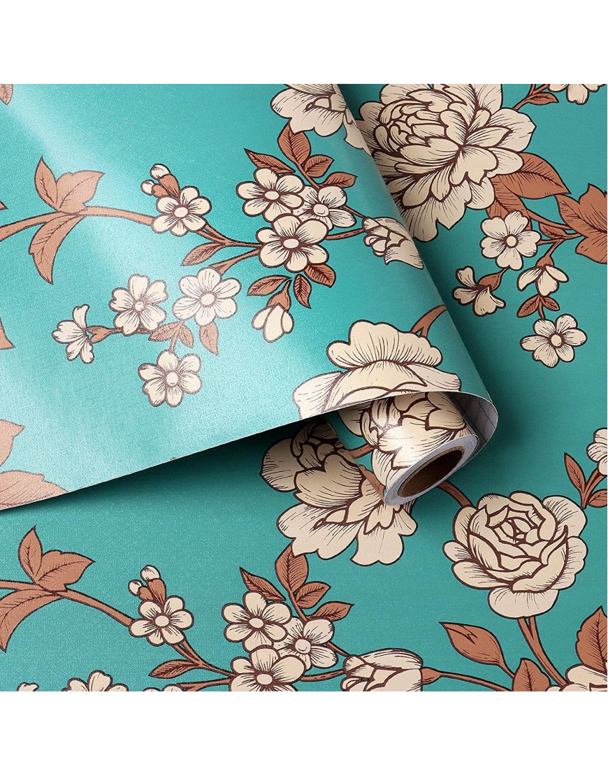 HelloWall Blue Teal Wallpaper Peel and Stick for Bedroom Vintage Beige Peony Floral Pattern Aesthetic Pastoral Wall Paper 17.71"x78.7"Self-Adhesive Floral Wallpaper Roll Accent Wall Mural Removable