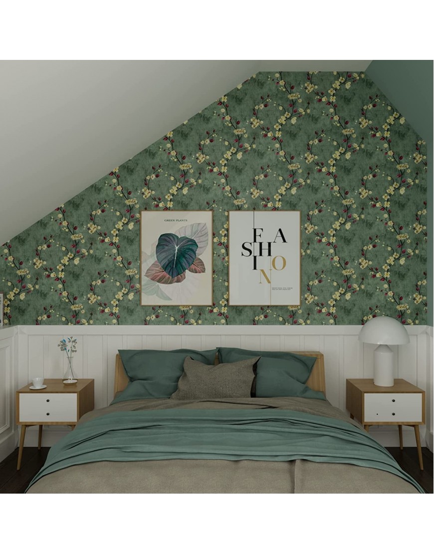 HelloWall Olive Green Wallpaper Peel and Stick Floral Wallpaper Vintage Pattern Contact Paper for Walls Decorative Self Adhesive 17.71x315 Removable Vintage Bedroom Wallpaper Renter Friendly