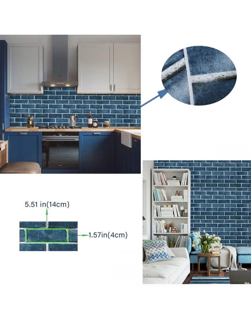 HeloHo 17.71 X 118 Blue Brick Wallpaper Peel and Stick Wallpaper Self-Adhesive Removable Wallpaper Brick 3D Textured Waterproof Wall Paper Kitchen Backsplash Cabinet Wall Decoration