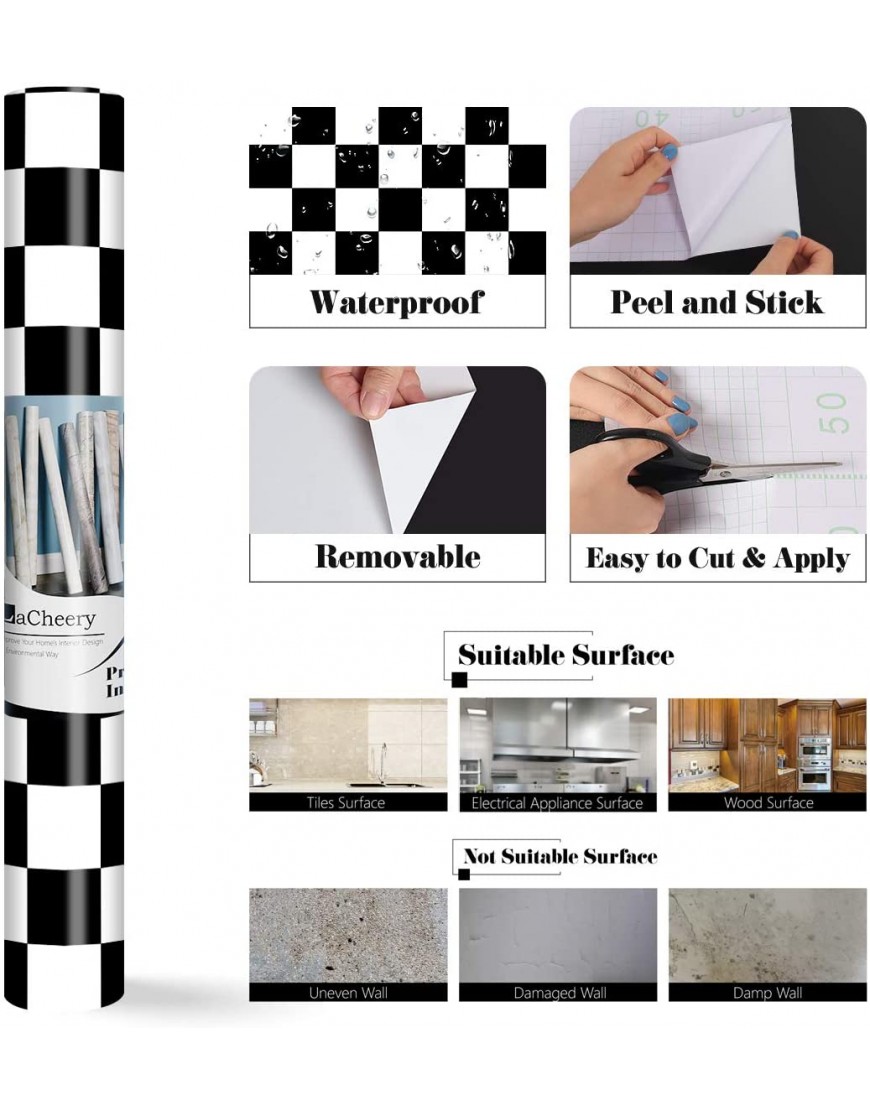 LaCheery 12x317 Checkered Contact Paper Decorative Black and White Wall Paper Roll Peel and Stick Wallpaper Removable Self Adhesive Checkered Wallpaper for Kitchen Backsplash Shelf Drawer Liners