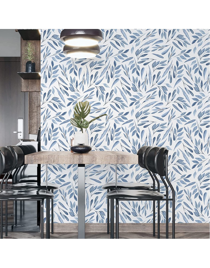 UniGoos Watercolor Leaf Peel and Stick Wallpaper Blue Breezy Vinyl Removable Contact Paper Abstract Branch Leaves Self-Adhesive Wall Paper Roll for Cabinet Living Room DIY Decor 17.7 x118.1
