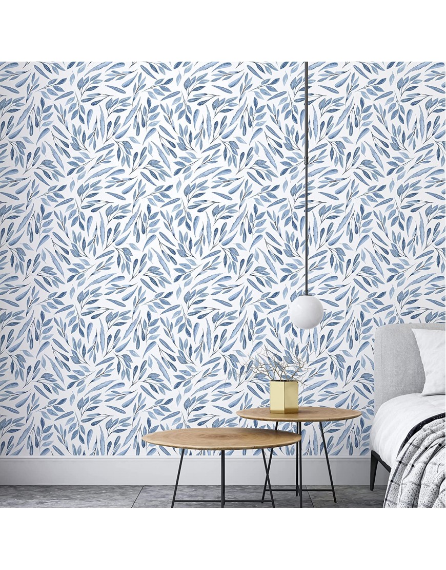 UniGoos Watercolor Leaf Peel and Stick Wallpaper Blue Breezy Vinyl Removable Contact Paper Abstract Branch Leaves Self-Adhesive Wall Paper Roll for Cabinet Living Room DIY Decor 17.7 x118.1