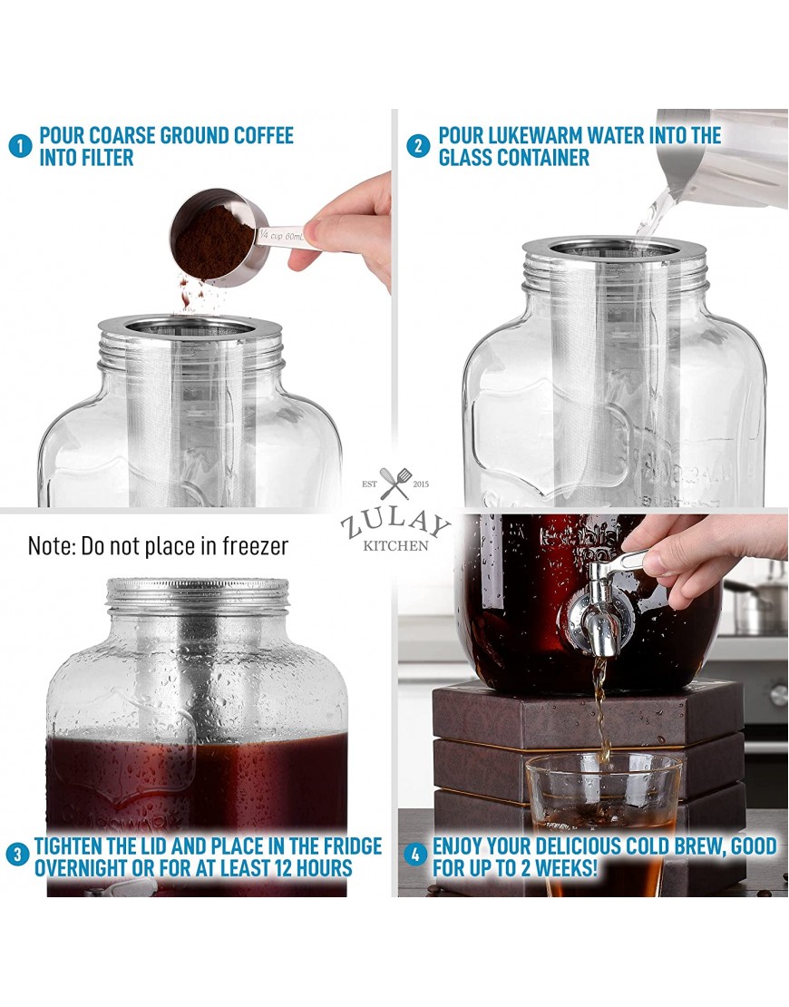 1 Gallon Cold Brew Coffee Maker with EXTRA-THICK Glass Carafe & Stainless Steel Mesh Filter Premium Iced Coffee Maker Cold Brew Pitcher & Tea Infuser by Zulay Kitchen