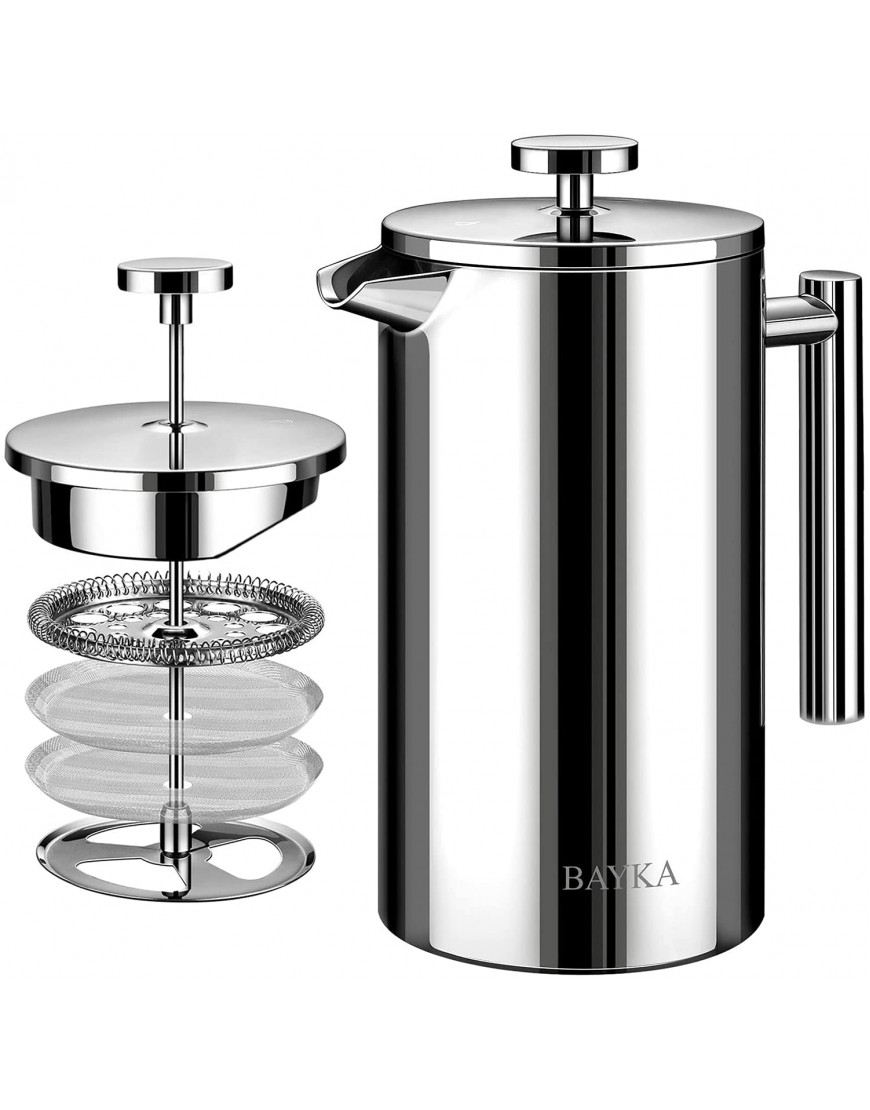 BAYKA French Press Coffee Maker 304 Grade Stainless Steel with 4-Level Filtration Systems 34Oz1L Coffee Press for Home Office Dishwasher Safe Silver