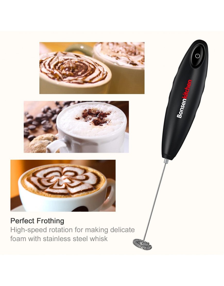 Bonsenkitchen Handheld Milk Frother Electric Hand Foamer Blender for Drink Mixer Perfect for Bulletproof coffee Matcha Hot Chocolate Mini Battery Operated Milk Whisk Frother