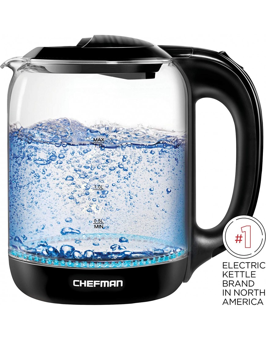 Chefman 1.7 Liter Electric Glass Tea Kettle Fast Hot Water Boiler One Touch Operation Boils 7 Cups Swivel Base & Cordless Pouring Auto Shut-Off