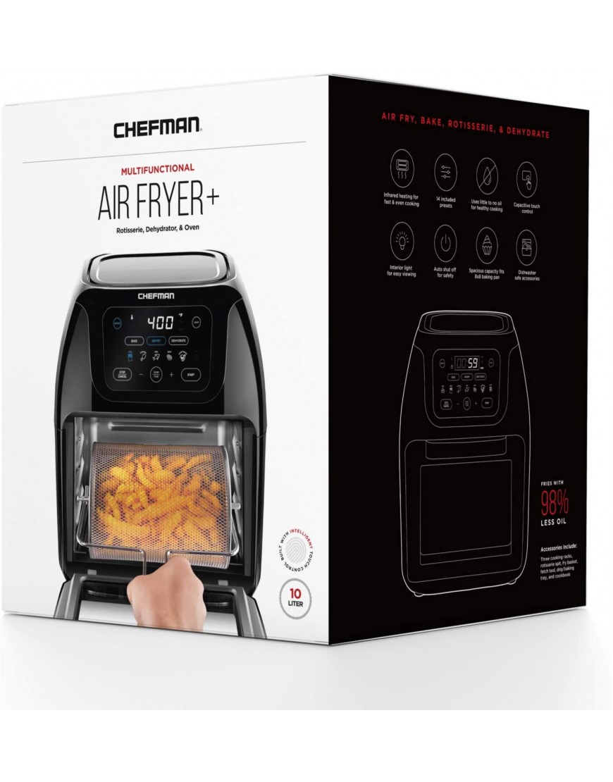 Chefman Multifunctional Digital Air Fryer+ Rotisserie Dehydrator Convection Oven 17 Touch Screen Presets Fry Roast Dehydrate & Bake Auto Shutoff Accessories Included XL 10L Family Size Black