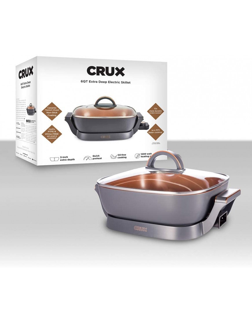 Crux Extra Deep Nonstick Scratch Resistant Electric Skillet with Removeable Temperature Probe 12 x 12 silver 14620