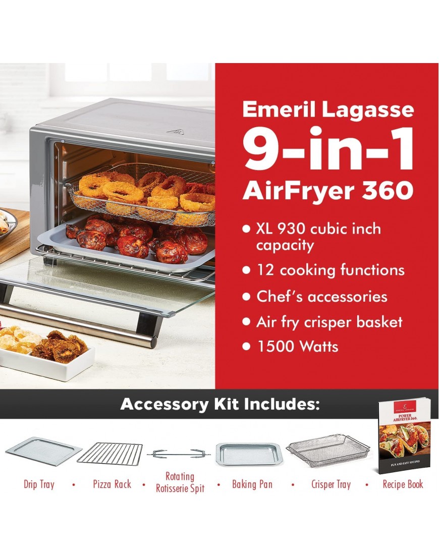 Emeril Lagasse Power Air Fryer 360 Better Than Convection Ovens Hot Air Fryer Oven Toaster Oven Bake Broil Slow Cook and More Food Dehydrator Rotisserie Spit Pizza Function Cookbook Included Stainless Steel