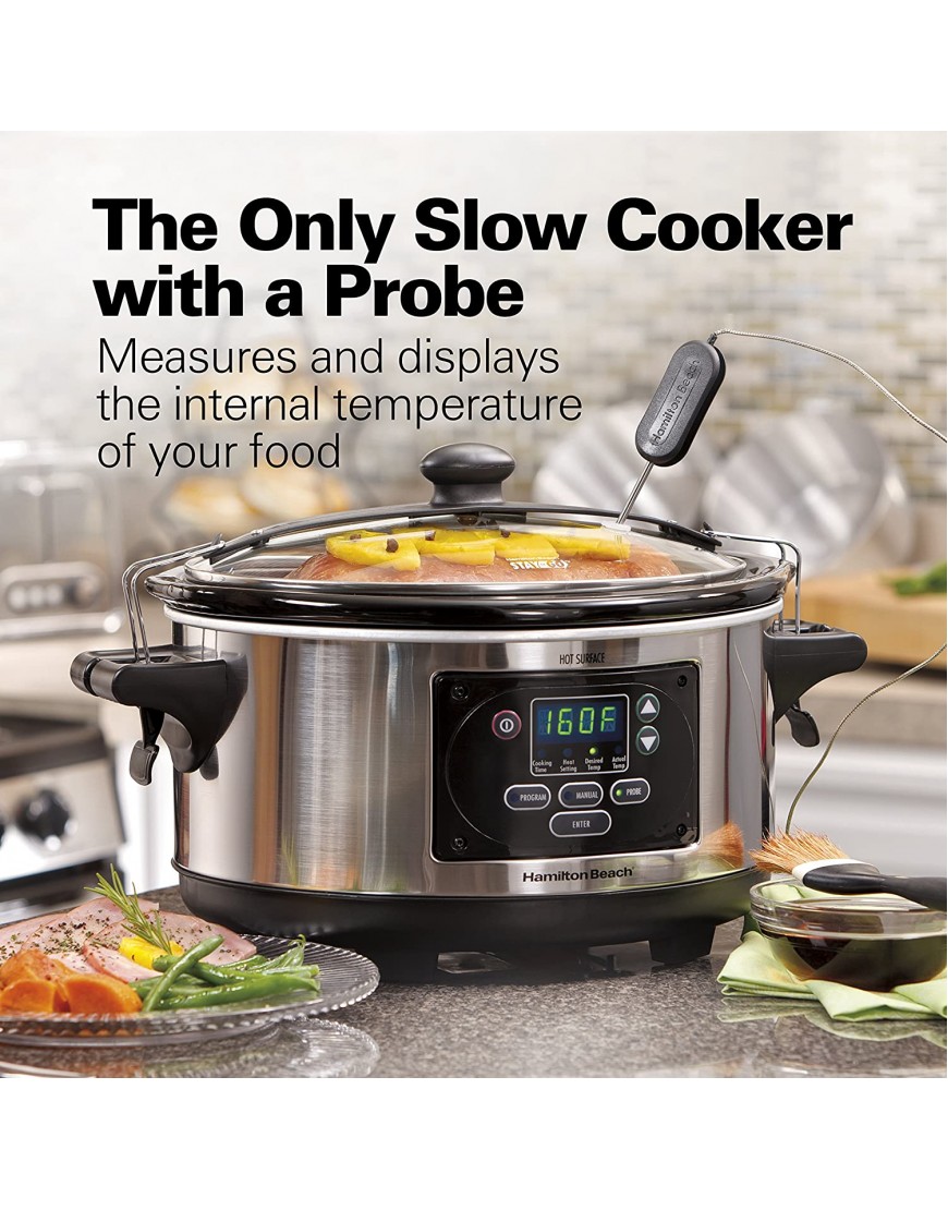 Hamilton Beach Portable 6-Quart Set & Forget Digital Programmable Slow Cooker with Lid Lock Temperature Probe Stainless Steel