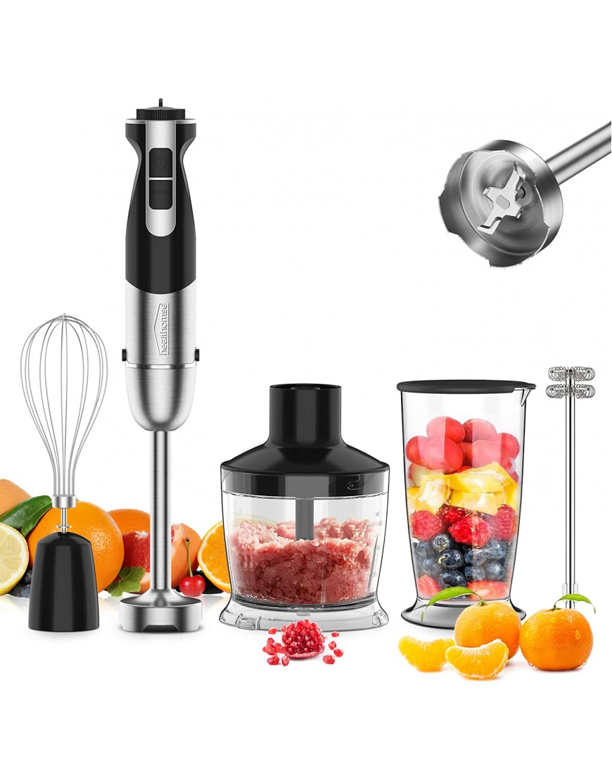 Immersion Blender Handheld 5-In-1 [Upgraded] Hand Blender healthomse 800W 12-Speed Powerful Stainless Steel Stick Blender with Milk Frother,Egg Whisk 4-Blades 500ml Chopper and 700ml Beaker with Lid