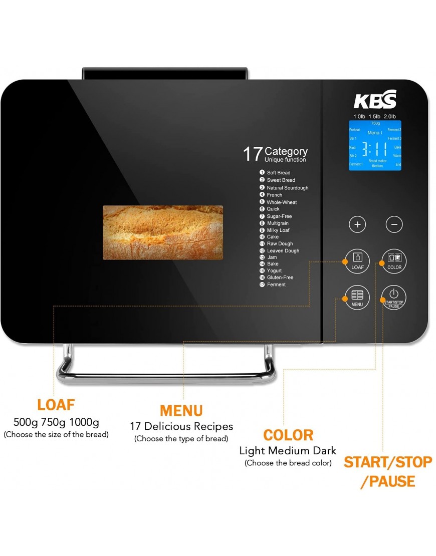 KBS Large 17-in-1 Bread Machine 2LB All Stainless Steel Bread Maker with Auto Fruit Nut Dispenser Nonstick Ceramic Pan Full Touch Panel Tempered Glass Reserve& Keep Warm Set Oven Mitt and Recipes